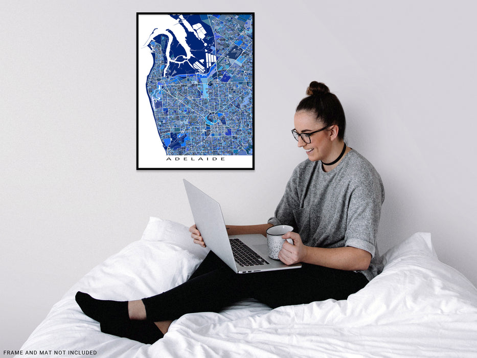 Adelaide, Australia map art print in blue shapes from Maps As Art.