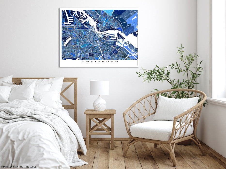 Amsterdam, Netherlands map art print in blue shapes from Maps As Art.