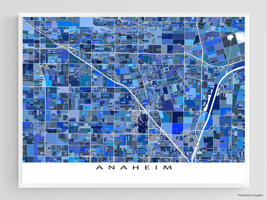 Anaheim, California map art print in blue shapes from Maps As Art.