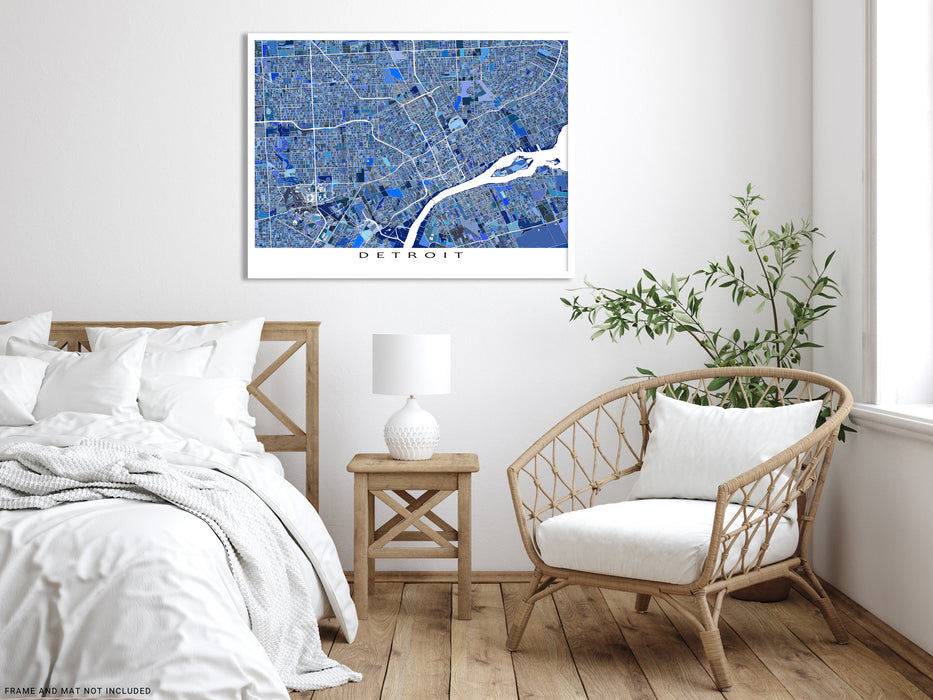 Detroit, Michigan map art print in blue shapes designed by Maps As Art.