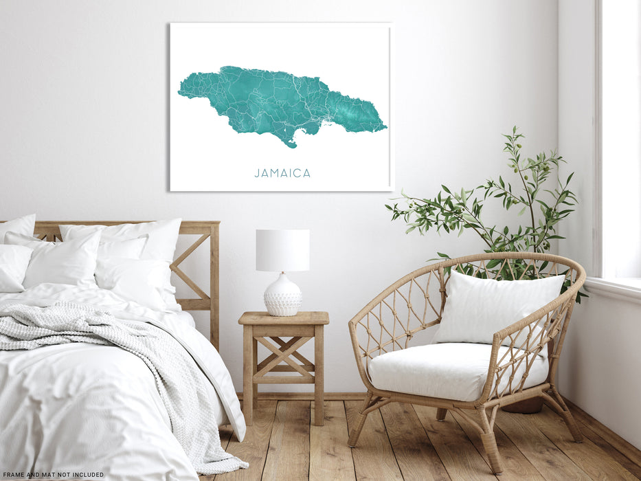 Jamaica map print with a turquoise landscape design and main island roads by Maps As Art.
