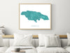 Jamaica map print with a turquoise landscape design and main island roads by Maps As Art.