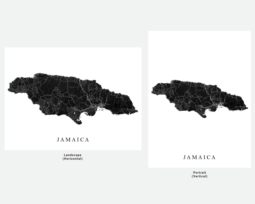 Jamaica island map print with a topographic black and white design by Maps As Art.