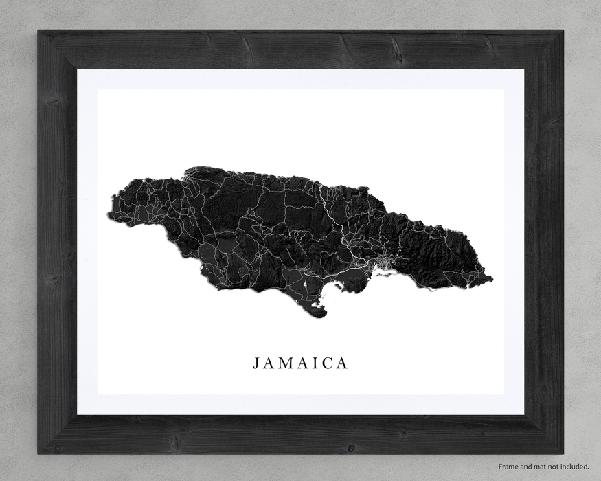 Jamaica island map print with a topographic black and white design by Maps As Art.