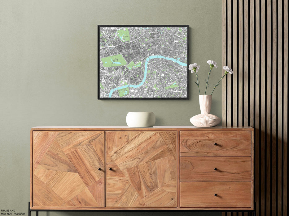 London, England map art print with city streets and buildings designed by Maps As Art.