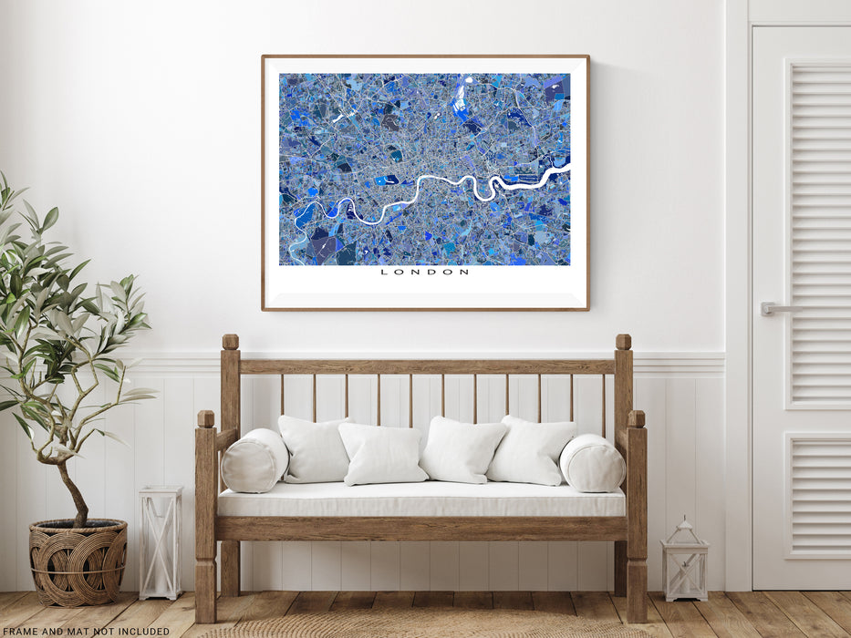 London, England map art print in blue shapes designed by Maps As Art.