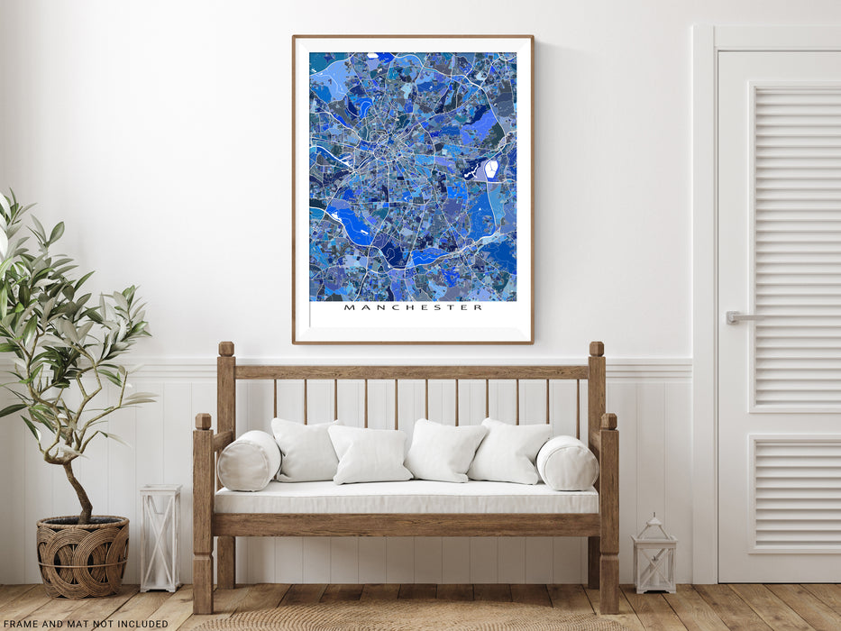 Manchester, England map art print in blue shapes designed by Maps As Art.