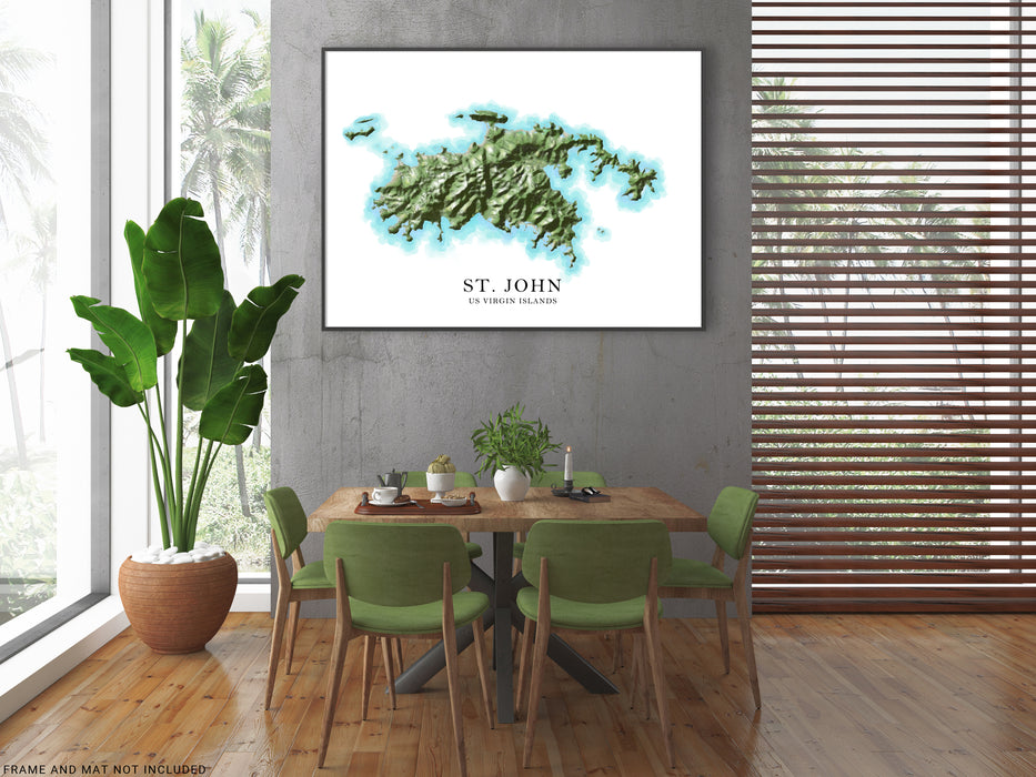 St. John, US Virgin Islands map print poster with a watercolour style design, main island roads and topographic landscape features by Maps As Art.