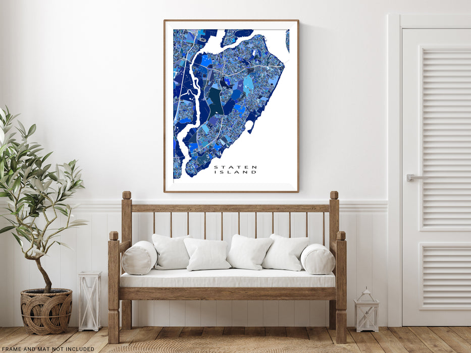 Staten Island, NYC map art print in blue shapes designed by Maps As Art.