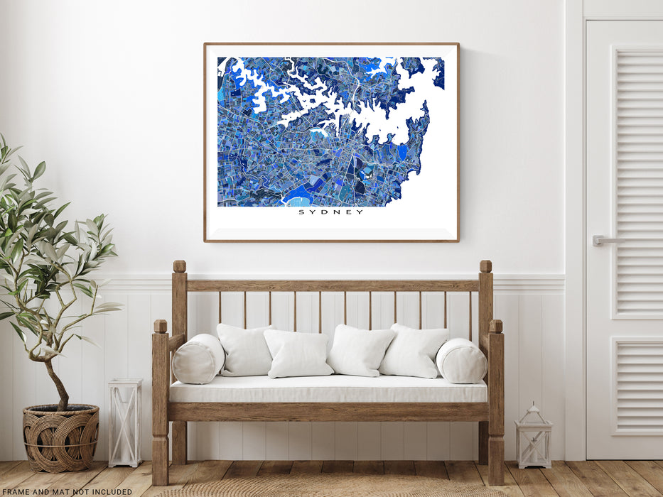 Sydney, Australia map art print in blue shapes designed by Maps As Art.