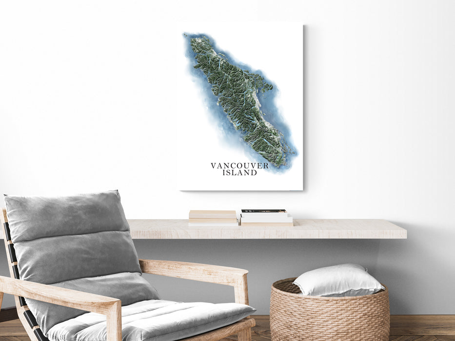 Vancouver Island, BC Canada map art print with a hand-drawn blue and green design, detailed topographic features, main roads and water-bodies.