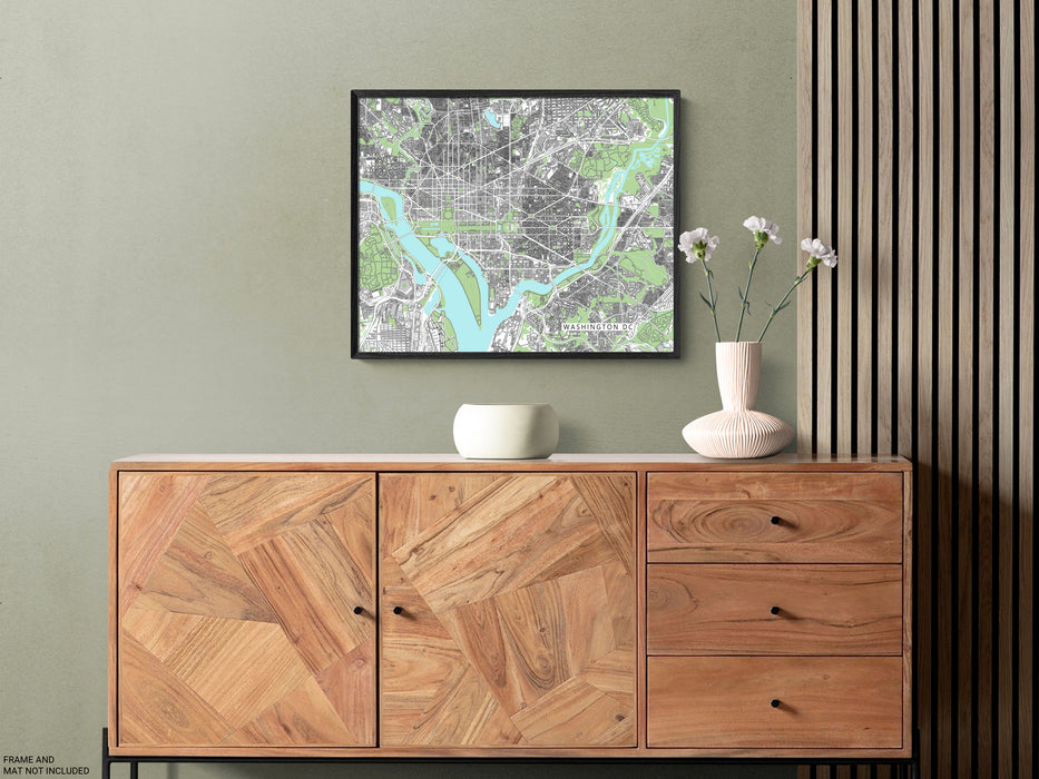 Washington DC map art print with city streets and buildings designed by Maps As Art.