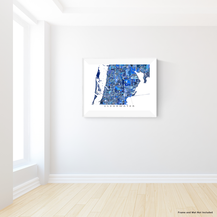 Clearwater, Florida map art print in blue shapes designed by Maps As Art.
