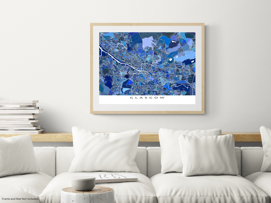 Glasgow, Scotland map art print in blue shapes designed by Maps As Art.