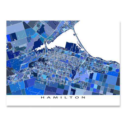 Hamilton, Canada map art print in blue shapes designed by Maps As Art.