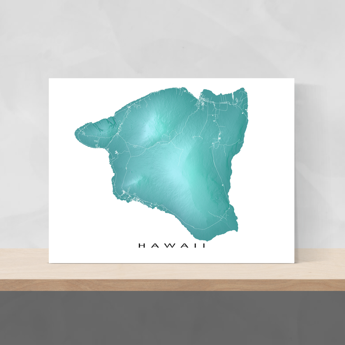 Big Island Hawaii map print with natural landscape and main roads in aqua tints designed by Maps As Art.