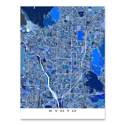 Kyoto, Japan map art print in blue shapes designed by Maps As Art.