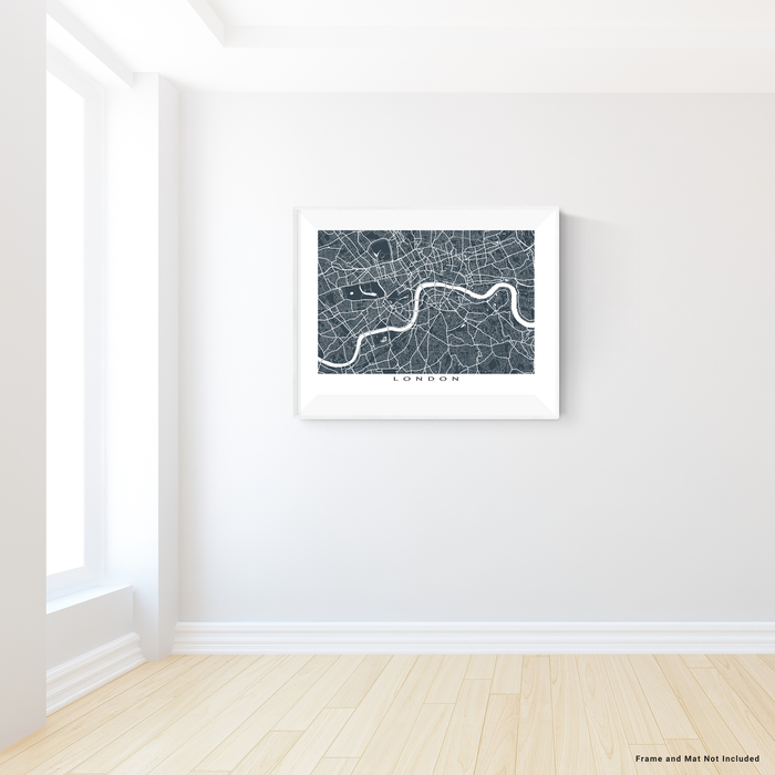 London, England map print with city streets and roads in Slate designed by Maps As Art.