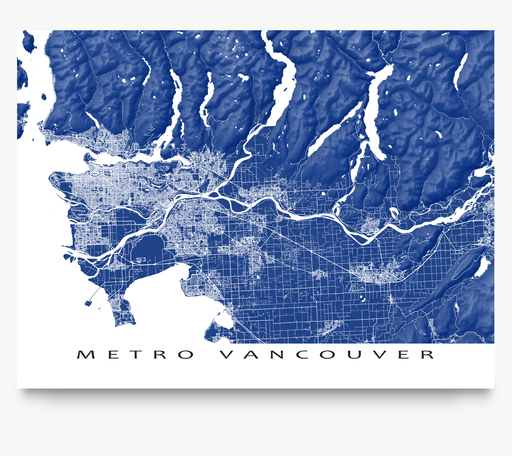 Metro Vancouver, BC, Canada map art print in Navy designed by Maps As Art.
