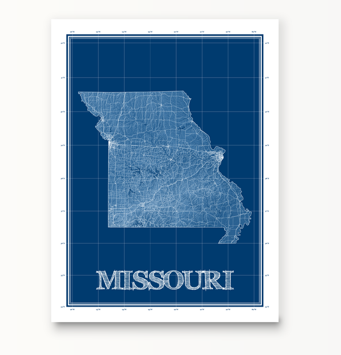 Missouri state blueprint map art print designed by Maps As Art.