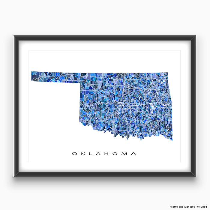 Oklahoma state map art print in blue shapes designed by Maps As Art.