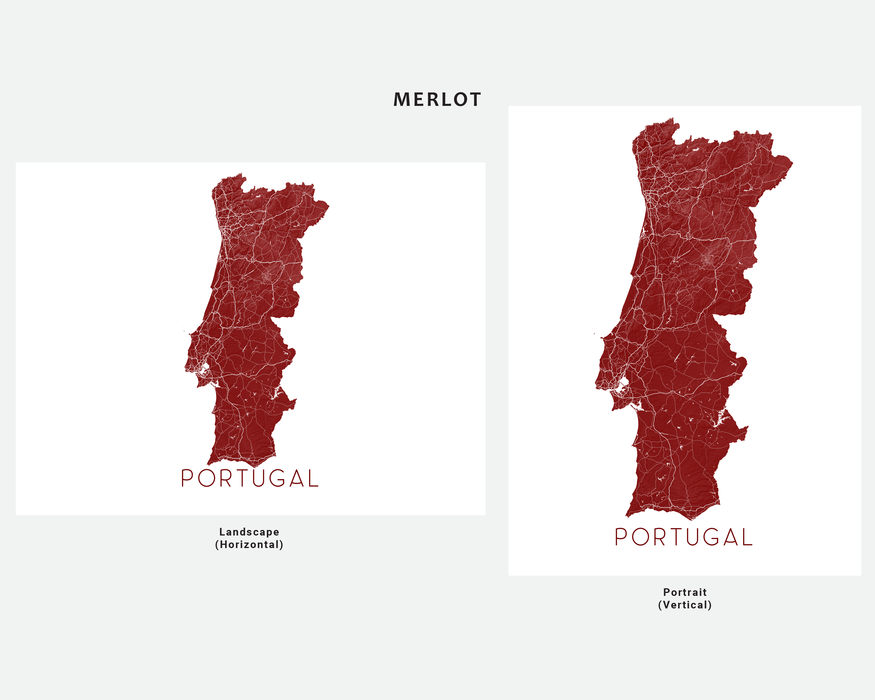 Portugal map print in Merlot by Maps As Art.