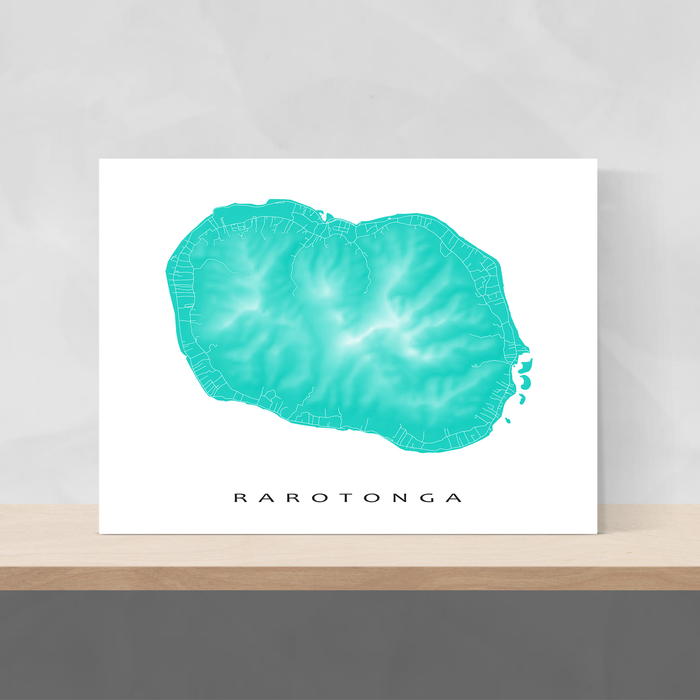 Rarotonga, Cook Islands map print with natural landscape and main roads in Turquoise designed by Maps As Art.