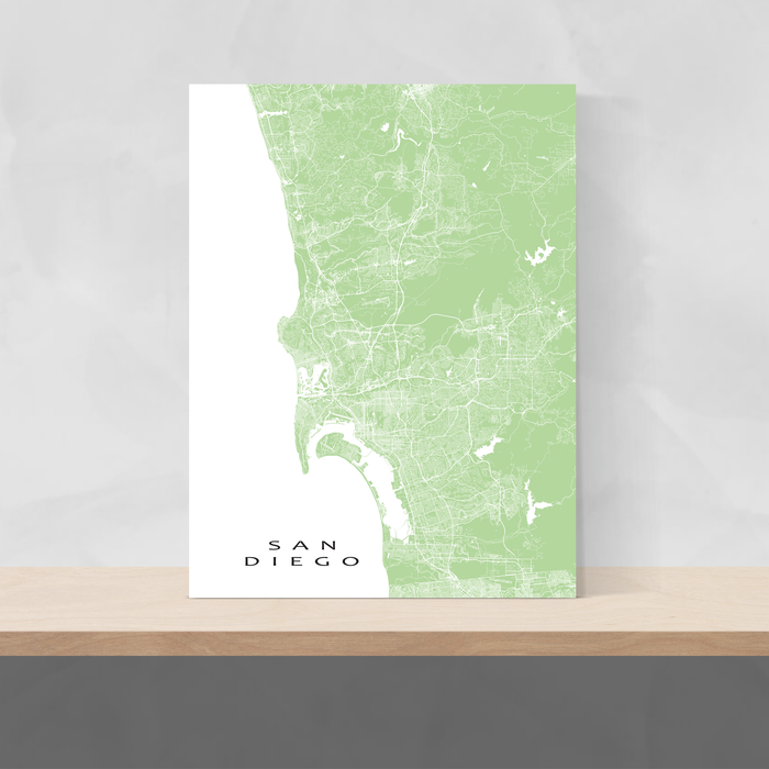 San Diego, California map print with city streets and roads in Sage designed by Maps As Art.