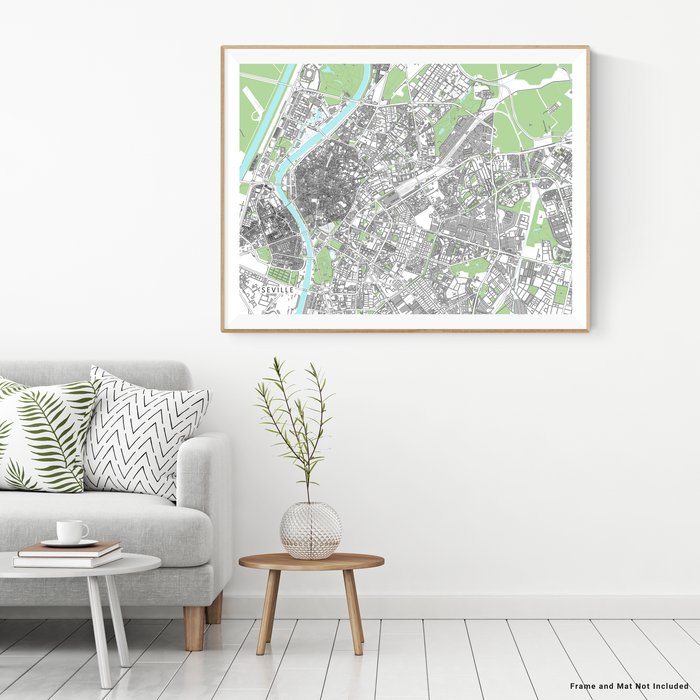 Seville, Spain map art print with city streets and buildings designed by Maps As Art.