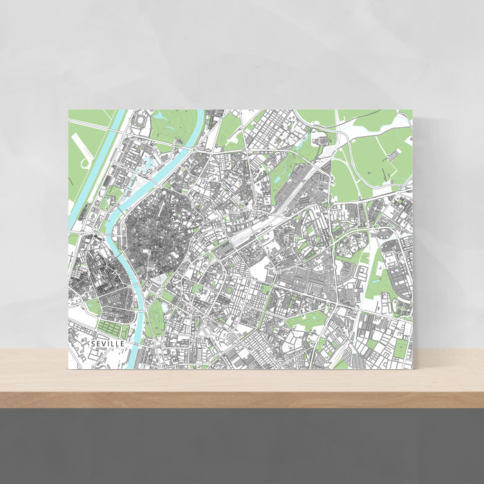 Seville, Spain map art print with city streets and buildings designed by Maps As Art.
