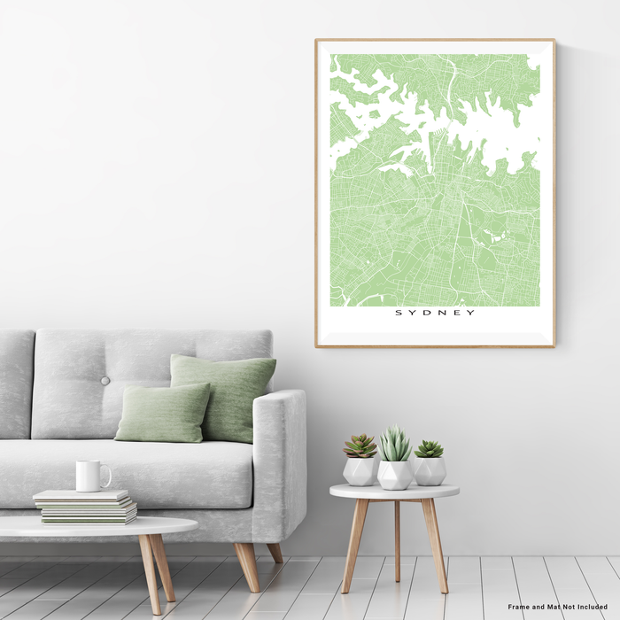 Sydney, Australia map print with city streets and roads in Sage designed by Maps As Art.