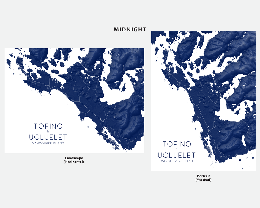 Tofino and Ucluelet, Vancouver Island map print in Midnight by Maps As Art.