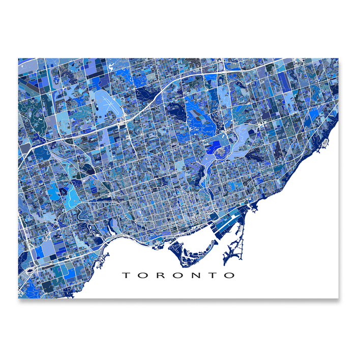 Toronto, Ontario Canada map art print in blue shapes designed by Maps As Art.