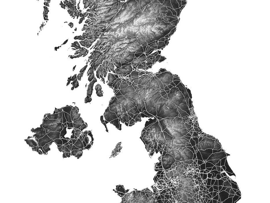 United Kingdom map print with natural landscape and main roads designed by Maps As Art.