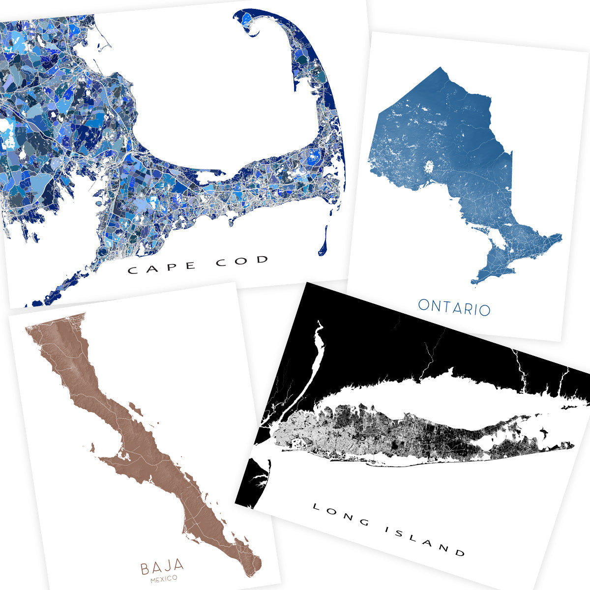 Collage of bestselling map prints featuring Cape Cod, Ontario, Baja California, Long Island, and abstract coastal map artwork in blue, black, and neutral tones.