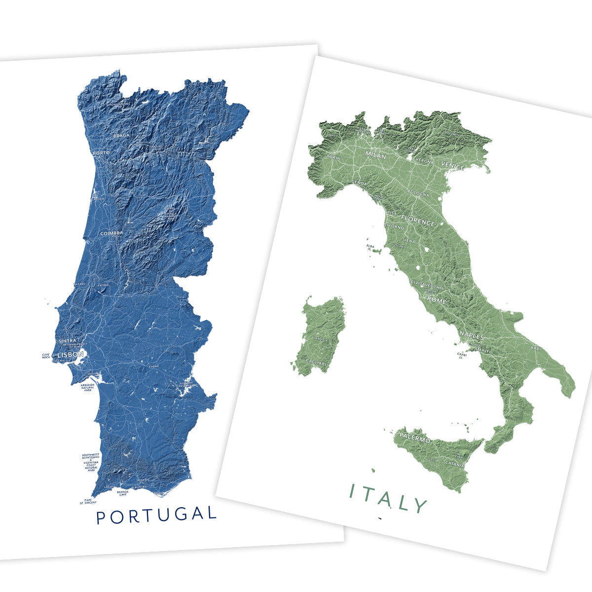 Europe map print collection featuring Portugal and Italy topographic wall art
