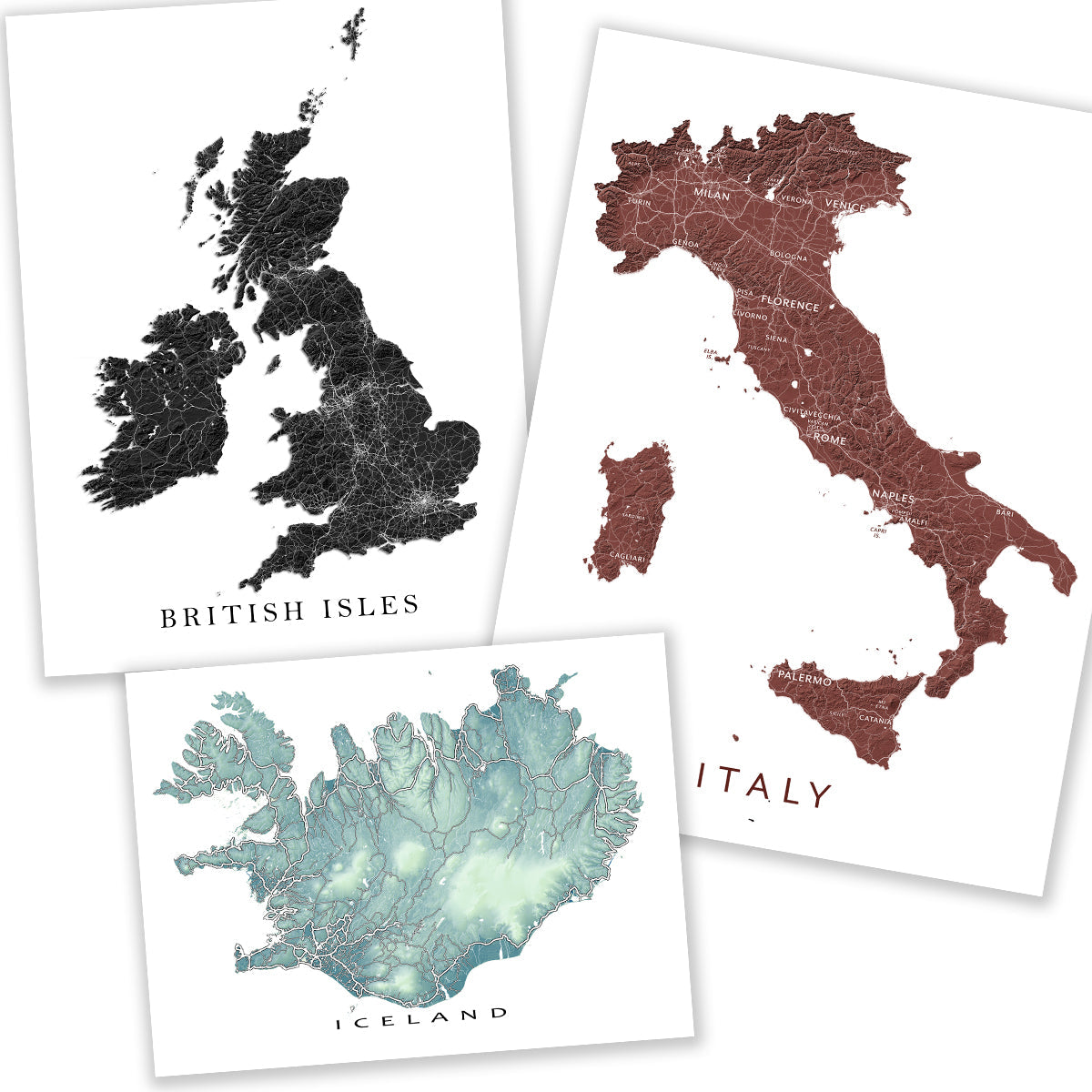 Europe and UK map art prints featuring British Isles, Italy, and Iceland map posters in a layered product collage.