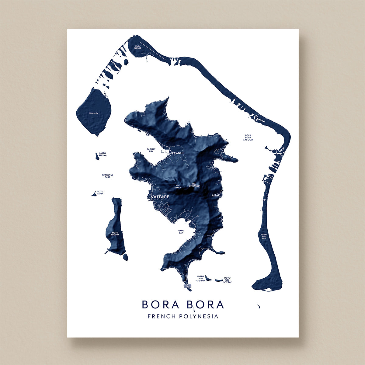 Framed Bora Bora island map print displayed on a neutral wall.
