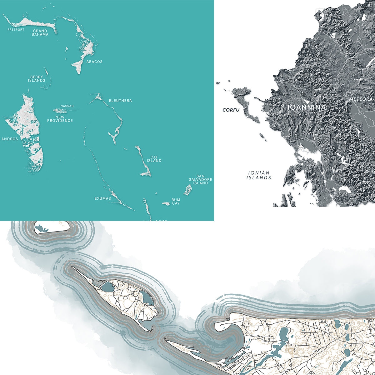 Collage of recently added map art prints, including island maps, topographic designs, city maps, and illustrated map artwork in a mix of blue, green, and neutral tones.