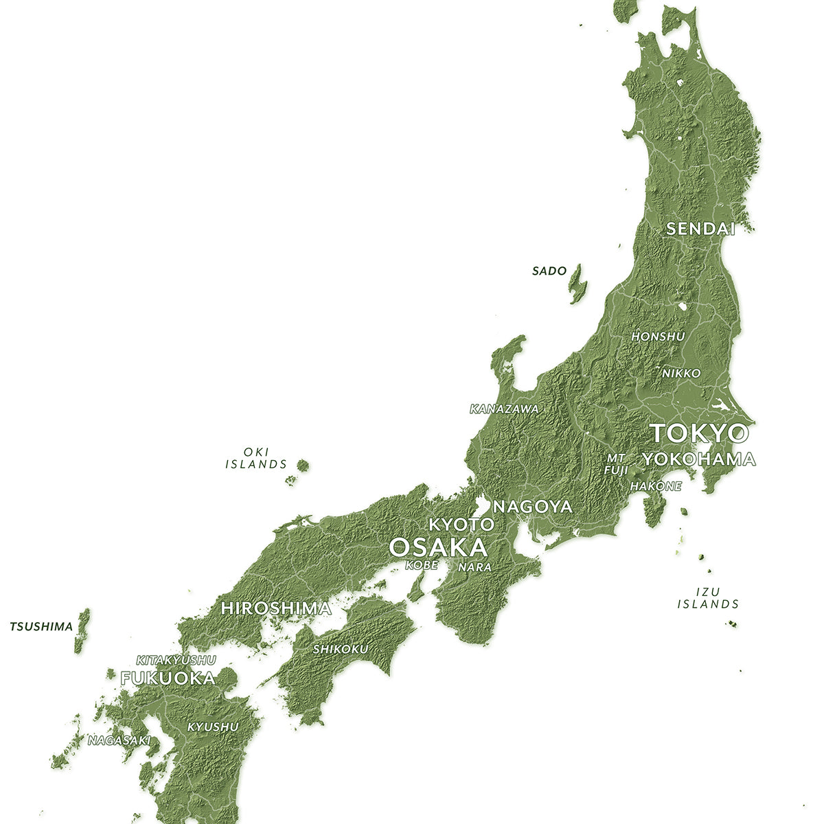 Labeled topographic map print of Japan in green, showing terrain shading, islands, cities, and place names including Tokyo, Osaka, Kyoto, Sapporo, and Okinawa.