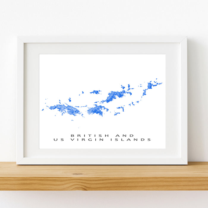Framed map of British and US Virgin Islands on a white wall
