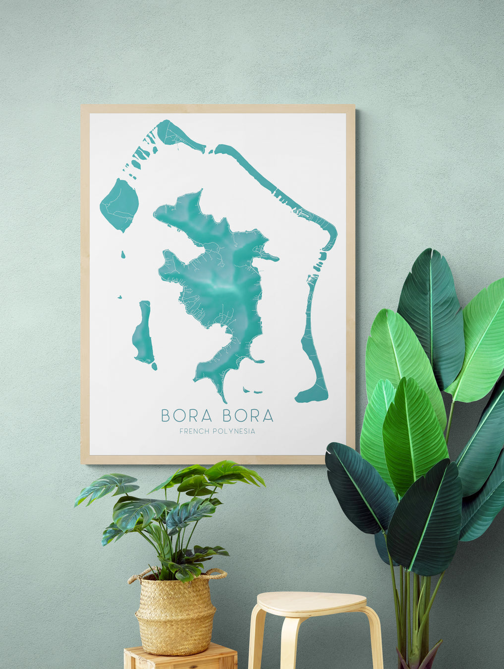Bora Bora map print with a 3D topographic turquoise design by Maps As Art.