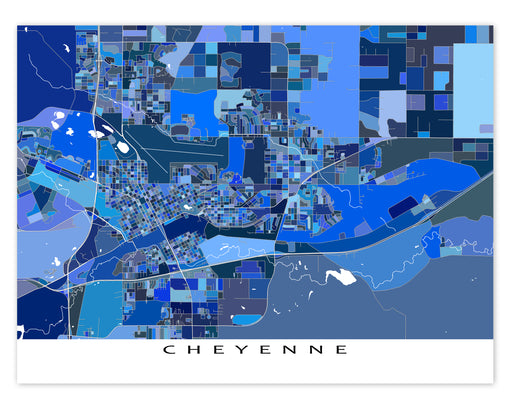Cheyenne, Wyoming city map art print poster with a blue geometric design from Maps As Art.
