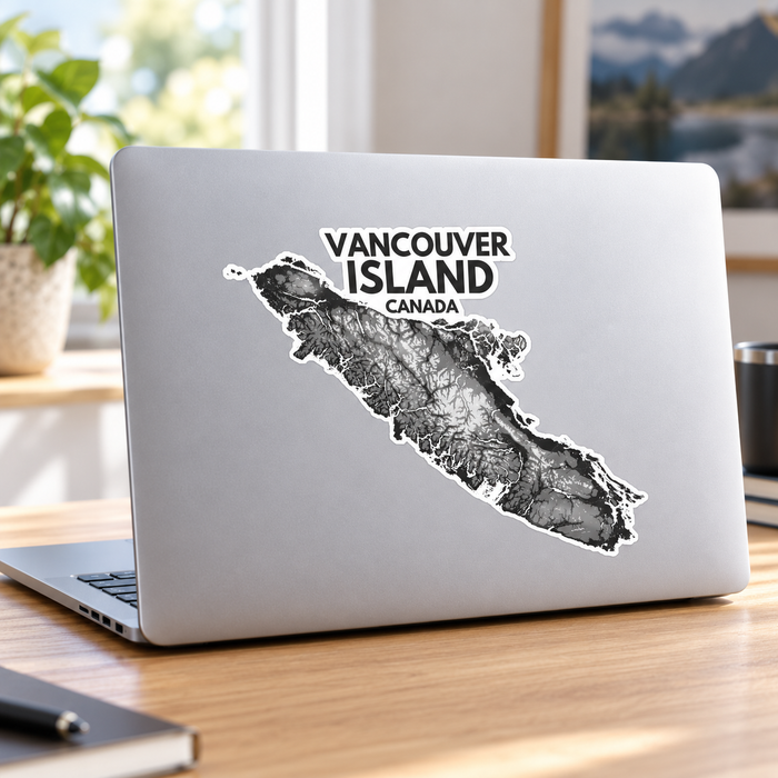 Vancouver Island Sticker: Black & White Topographic Map Art Vinyl Decal