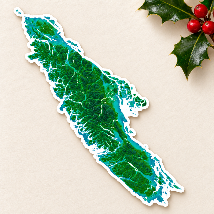 Vancouver Island Topographic Vinyl Sticker: Green & Blue, Waterproof