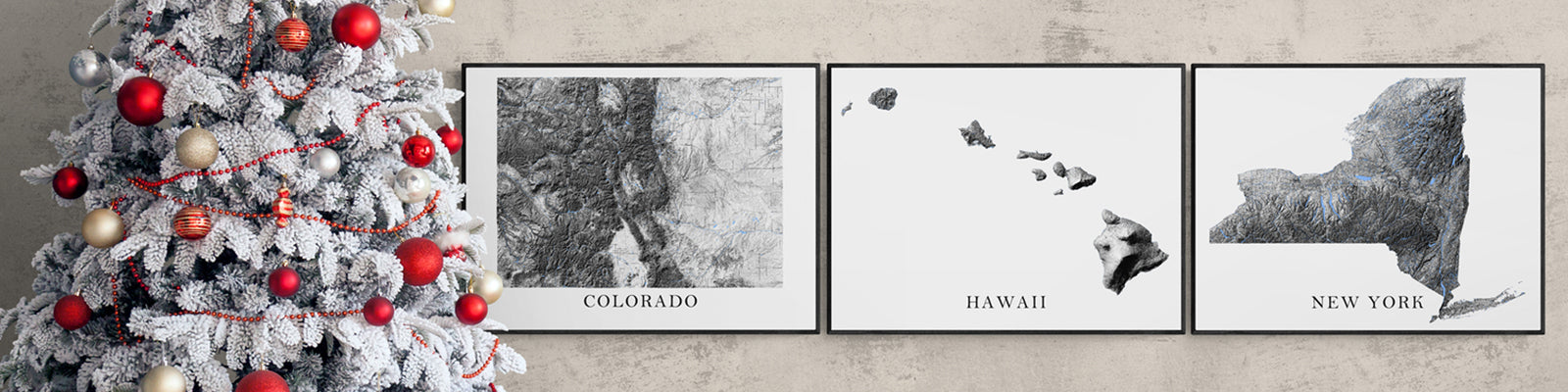 USA state maps with a black and white topographic design by Maps As Art.