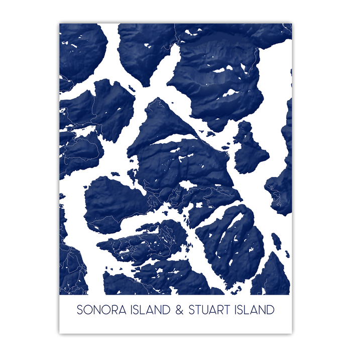 Topographic map of Sonora Island and Stuart Island in blue on a white background
