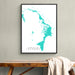 Framed map of Abaco Islands on a wall above a wooden bench.