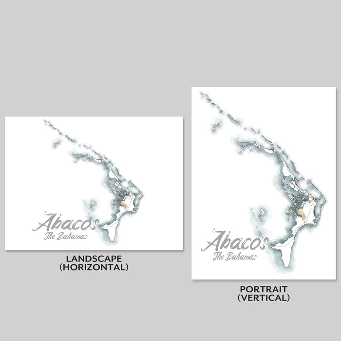Two map illustrations of Abacos, The Bahamas, one in landscape and one in portrait orientation on a gray background.