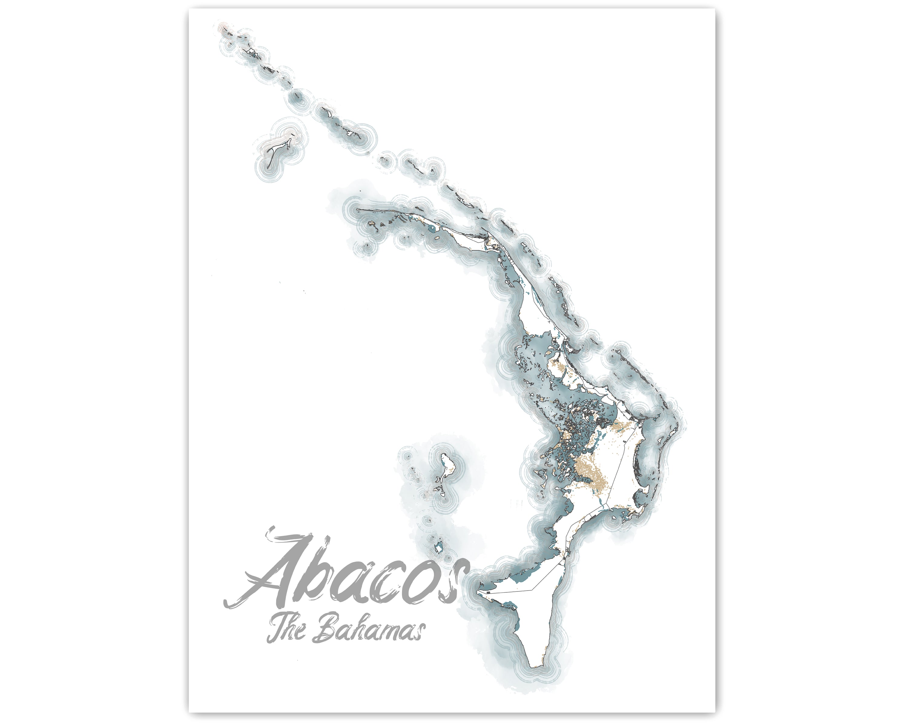 Abaco Map Layout Abaco Islands Contour Map Print: Bahamas Watercolor Wall Art Poster ...